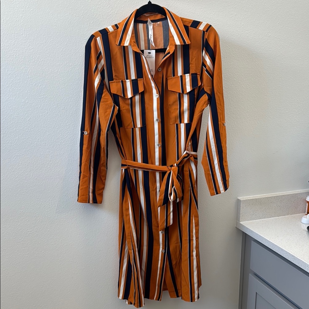 Striped Button-Up Belted Dress